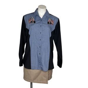 ELY Country Charmers Western Shirt USA Flag Horses  Black Snaps Vintage 70’s